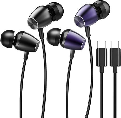USB C Headphones Wired Earphones Type C Earbuds for iPhone 15 16 17 Pro Max Plus,USBC Ear Buds with Mic Volume Control HiFi Stereo Noise Cancelling for Galaxy S24/S23/S22/S21/A53, Pixel 8/7/6-2Pack