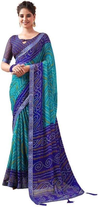 SIRIL Women's Bandhani Printed Chiffon Saree With Blouse(2612S2080_) 5.5 Meters Orange & Red