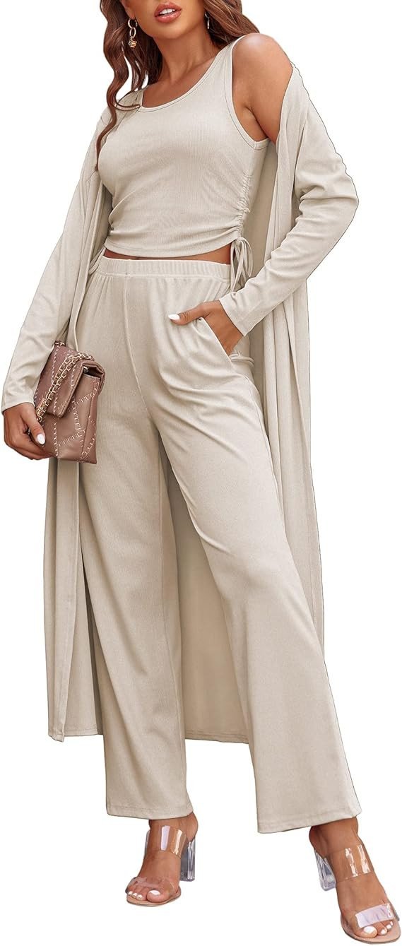 Ekouaer Women's 3 Piece Lounge Set Pajama Long Sleeve Cardigan Sleeveless Top Pants Sweatsuit S-XXL