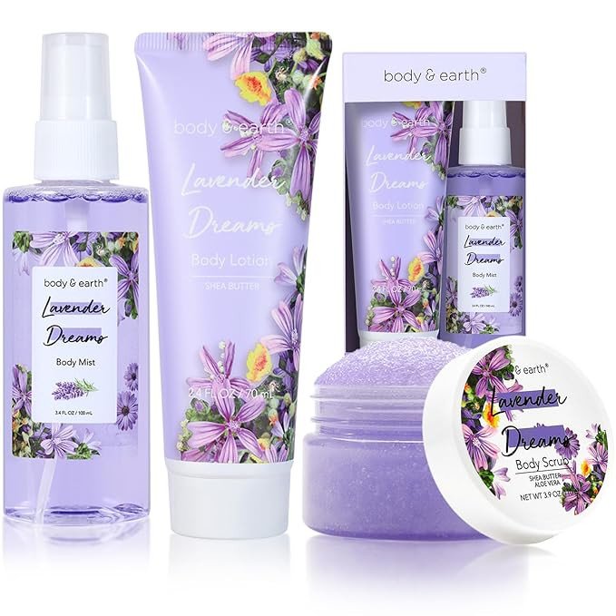 Body & Earth Spa Baskets for Women - 5 Piece Rose Scented Bath Sets with Shower Gel, Body Scrub, Body Lotion, Hand Soap, Mothers Day Gifts for Mom