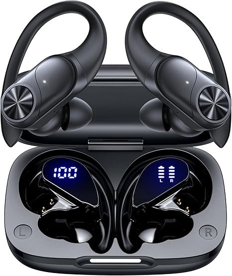 PocBuds Bluetooth Headphones Wireless Earbuds 80hrs Playtime Wireless Charging Case Digital Display Sports Ear Buds with Earhook Deep Bass IPX7 Waterproof Over-Ear Earphones for TV Phone Laptop Olive