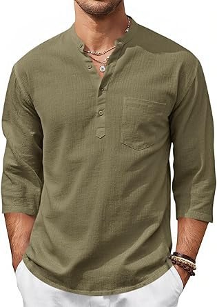 Runcati Mens Casual Henley Shirts 3/4 Sleeve Band Collar Cotton Linen Shirt Summer Beach Hippie T-Shirts with Pocket