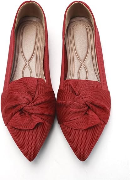 HIULYCENCE Flats for Womens Pointed Toe Ballet Flats with Bow Comfortable Knit Dressy Flats
