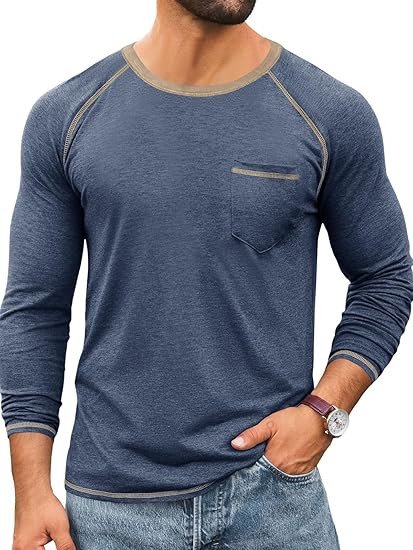 Runcati Mens Long Sleeve T-Shirt Casual Crewneck Shirts Basic Lightweight Vintage Tee Tops with Pocket